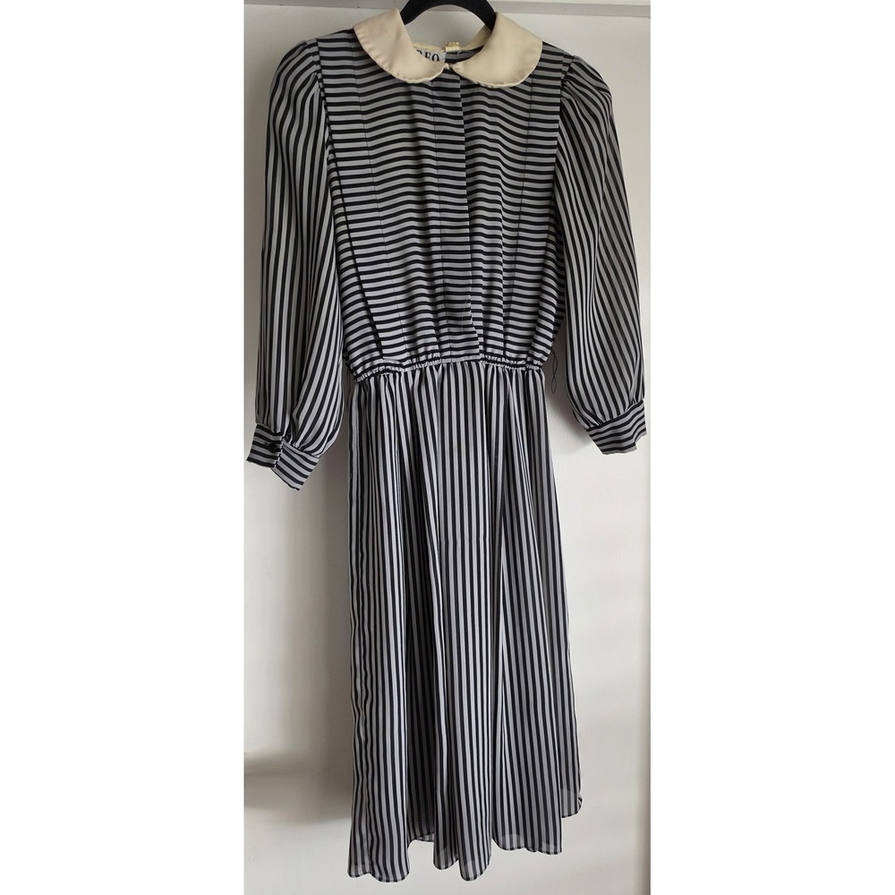 Vintage R.E.O. Originals Dress 8 Long Sleeve Black White Striped Peter Pan Neck